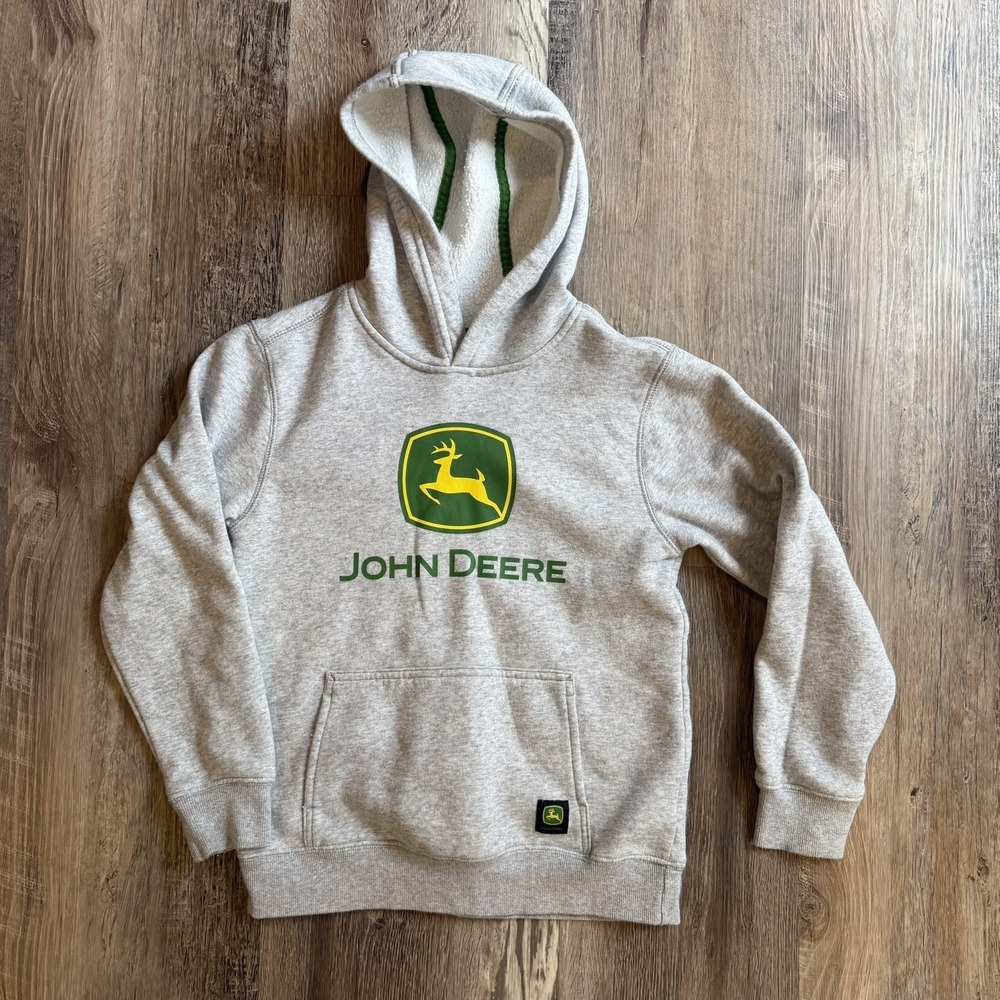 John Deere Hoodie Sweatshirt Youth Medium 8 Gray Graphic Print Casual Pocket